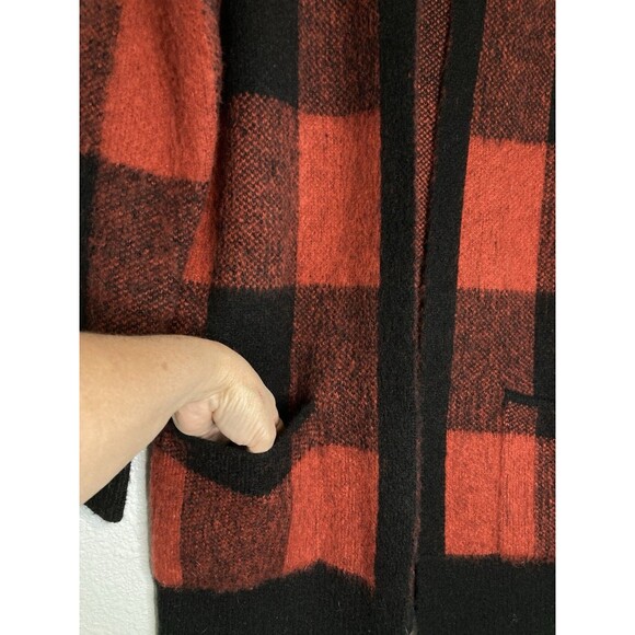 Lucky Brand Womens XS Wool Red Black Buffalo Plaid Long Sweater Cardigan Pockets - Picture 3 of 6